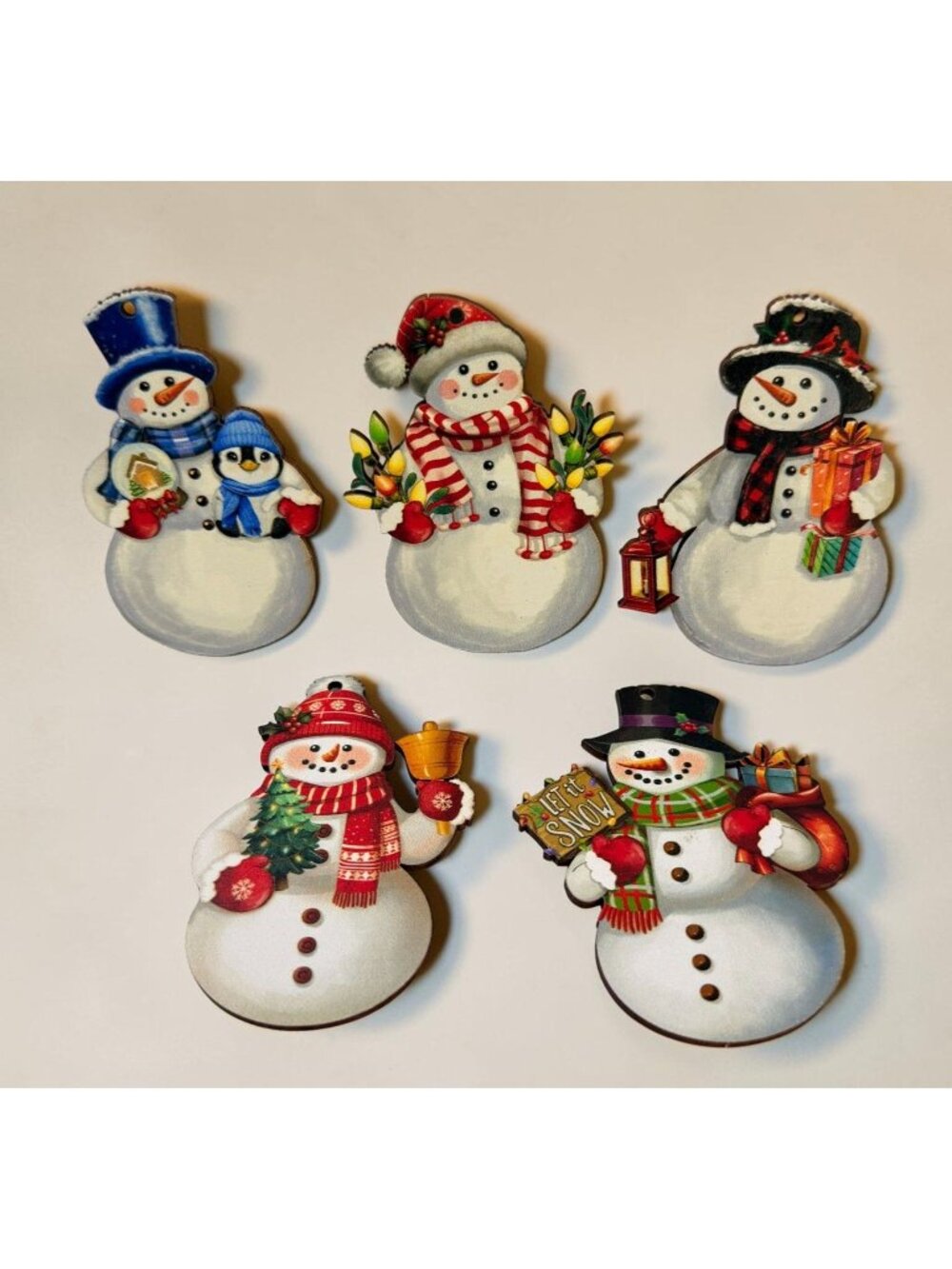 Flat Snowman Wooden Christmas Ornament Set of 5 Festive Winter Holiday